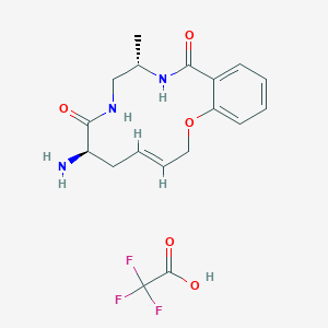 molecular formula C18H22F3N3O5 B2895536 (4E,7R,11S)-7-Amino-11-methyl-2-oxa-9,12-diazabicyclo[12.4.0]octadeca-1(18),4,14,16-tetraene-8,13-dione;2,2,2-trifluoroacetic acid CAS No. 2377004-27-6