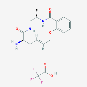 molecular formula C18H22F3N3O5 B2895536 (4E,7R,11S)-7-氨基-11-甲基-2-氧代-9,12-二氮杂双环[12.4.0]十八烷-1(18),4,14,16-四烯-8,13-二酮；2,2,2-三氟乙酸 CAS No. 2377004-27-6