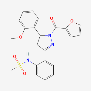 molecular formula C22H21N3O5S B2895568 N-{2-[1-(呋喃-2-羰基)-5-(2-甲氧基苯基)-4,5-二氢-1H-吡唑-3-基]苯基}甲磺酰胺 CAS No. 921152-42-3
