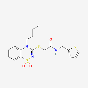 molecular formula C18H21N3O3S3 B2895618 2-((4-butyl-1,1-dioxido-4H-benzo[e][1,2,4]thiadiazin-3-yl)thio)-N-(thiophen-2-ylmethyl)acetamide CAS No. 933025-61-7