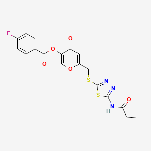 molecular formula C18H14FN3O5S2 B2895680 4-氧代-6-(((5-丙酰胺-1,3,4-噻二唑-2-基)硫代)甲基)-4H-吡喃-3-基 4-氟苯甲酸酯 CAS No. 877650-57-2
