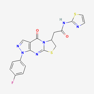 molecular formula C18H13FN6O2S2 B2895709 2-[6-(4-Fluorophenyl)-2-oxo-10-thia-1,5,6,8-tetrazatricyclo[7.3.0.03,7]dodeca-3(7),4,8-trien-12-yl]-N-(1,3-thiazol-2-yl)acetamide CAS No. 941958-11-8