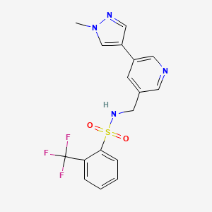 molecular formula C17H15F3N4O2S B2895847 N-((5-(1-methyl-1H-pyrazol-4-yl)pyridin-3-yl)methyl)-2-(trifluoromethyl)benzenesulfonamide CAS No. 2034336-07-5