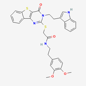 molecular formula C32H30N4O4S2 B2895875 N-[2-(3,4-二甲氧基苯基)乙基]-2-[[3-[2-(1H-吲哚-3-基)乙基]-4-氧代-[1]苯并噻吩并[3,2-d]嘧啶-2-基]硫代]乙酰胺 CAS No. 866015-00-1