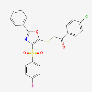 molecular formula C23H15ClFNO4S2 B2895884 1-(4-Chlorophenyl)-2-((4-((4-fluorophenyl)sulfonyl)-2-phenyloxazol-5-yl)thio)ethanone CAS No. 850926-12-4