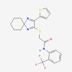 molecular formula C21H20F3N3OS2 B2895997 2-((3-(噻吩-2-基)-1,4-二氮杂螺[4.5]癸-1,3-二烯-2-基)硫代)-N-(2-(三氟甲基)苯基)乙酰胺 CAS No. 1223777-48-7