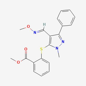 molecular formula C20H19N3O3S B2896052 methyl 2-({4-[(methoxyimino)methyl]-1-methyl-3-phenyl-1H-pyrazol-5-yl}sulfanyl)benzenecarboxylate CAS No. 303984-98-7