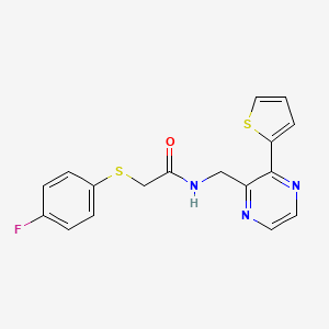 molecular formula C17H14FN3OS2 B2896095 2-((4-fluorophenyl)thio)-N-((3-(thiophen-2-yl)pyrazin-2-yl)methyl)acetamide CAS No. 2034312-72-4