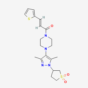 molecular formula C20H26N4O3S2 B2896105 (E)-1-(4-(1-(1,1-dioxidotetrahydrothiophen-3-yl)-3,5-dimethyl-1H-pyrazol-4-yl)piperazin-1-yl)-3-(thiophen-2-yl)prop-2-en-1-one CAS No. 1251711-71-3