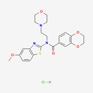 molecular formula C23H26ClN3O5S B2896128 N-(5-甲氧基苯并[d]噻唑-2-基)-N-(2-吗啉乙基)-2,3-二氢苯并[b][1,4]二噁英-6-甲酰胺盐酸盐 CAS No. 1215745-80-4
