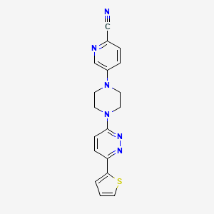 molecular formula C18H16N6S B2896146 5-[4-(6-Thiophen-2-ylpyridazin-3-yl)piperazin-1-yl]pyridine-2-carbonitrile CAS No. 2380194-21-6