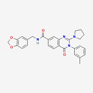 molecular formula C28H26N4O4 B2896147 N-(1,3-benzodioxol-5-ylmethyl)-3-(3-methylphenyl)-4-oxo-2-pyrrolidin-1-yl-3,4-dihydroquinazoline-7-carboxamide CAS No. 1251594-79-2