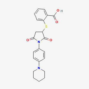 molecular formula C22H22N2O4S B2896282 2-((2,5-Dioxo-1-(4-(piperidin-1-yl)phenyl)pyrrolidin-3-yl)thio)benzoic acid CAS No. 305373-00-6