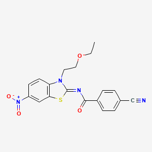 molecular formula C19H16N4O4S B2896340 4-cyano-N-[(2Z)-3-(2-ethoxyethyl)-6-nitro-2,3-dihydro-1,3-benzothiazol-2-ylidene]benzamide CAS No. 865173-60-0