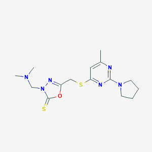 molecular formula C15H22N6OS2 B289636 3-[(Dimethylamino)methyl]-5-[(6-methyl-2-pyrrolidin-1-ylpyrimidin-4-yl)sulfanylmethyl]-1,3,4-oxadiazole-2-thione 