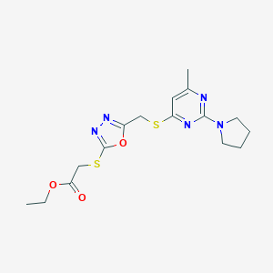 Ethyl {[5-({[6-methyl-2-(1-pyrrolidinyl)-4-pyrimidinyl]sulfanyl}methyl)-1,3,4-oxadiazol-2-yl]sulfanyl}acetate