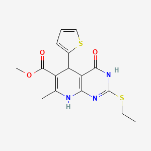 molecular formula C16H17N3O3S2 B2896385 Methyl 2-(ethylthio)-7-methyl-4-oxo-5-(thiophen-2-yl)-3,4,5,8-tetrahydropyrido[2,3-d]pyrimidine-6-carboxylate CAS No. 537004-64-1