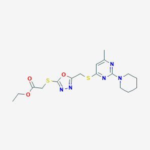 Ethyl {[5-({[6-methyl-2-(1-piperidinyl)-4-pyrimidinyl]sulfanyl}methyl)-1,3,4-oxadiazol-2-yl]sulfanyl}acetate