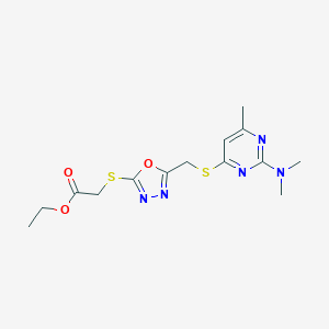 molecular formula C14H19N5O3S2 B289641 Ethyl 2-[[5-[[2-(dimethylamino)-6-methylpyrimidin-4-yl]sulfanylmethyl]-1,3,4-oxadiazol-2-yl]sulfanyl]acetate 