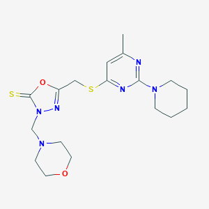 molecular formula C18H26N6O2S2 B289645 5-({[6-methyl-2-(1-piperidinyl)-4-pyrimidinyl]sulfanyl}methyl)-3-(4-morpholinylmethyl)-1,3,4-oxadiazole-2(3H)-thione 