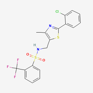 molecular formula C18H14ClF3N2O2S2 B2896472 N-((2-(2-chlorophenyl)-4-methylthiazol-5-yl)methyl)-2-(trifluoromethyl)benzenesulfonamide CAS No. 1421478-34-3