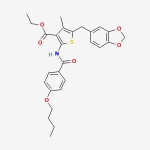 molecular formula C27H29NO6S B2896494 Ethyl 5-(1,3-benzodioxol-5-ylmethyl)-2-[(4-butoxybenzoyl)amino]-4-methylthiophene-3-carboxylate CAS No. 476365-71-6