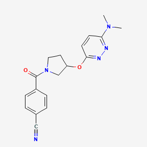 molecular formula C18H19N5O2 B2896521 4-(3-((6-(Dimethylamino)pyridazin-3-yl)oxy)pyrrolidine-1-carbonyl)benzonitrile CAS No. 2034224-98-9