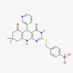 molecular formula C25H23N5O4S B2896585 8,8-dimethyl-2-((4-nitrobenzyl)thio)-5-(pyridin-3-yl)-7,8,9,10-tetrahydropyrimido[4,5-b]quinoline-4,6(3H,5H)-dione CAS No. 537044-91-0