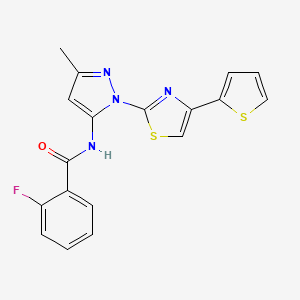 molecular formula C18H13FN4OS2 B2896608 2-fluoro-N-(3-methyl-1-(4-(thiophen-2-yl)thiazol-2-yl)-1H-pyrazol-5-yl)benzamide CAS No. 1171379-07-9