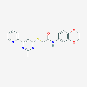 molecular formula C20H18N4O3S B2896628 N-(2,3-dihydrobenzo[b][1,4]dioxin-6-yl)-2-((2-methyl-6-(pyridin-2-yl)pyrimidin-4-yl)thio)acetamide CAS No. 1251605-94-3