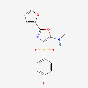 molecular formula C14H11FN2O4S B2896635 4-((4-fluorophenyl)sulfonyl)-2-(furan-2-yl)-N-methyloxazol-5-amine CAS No. 855714-67-9