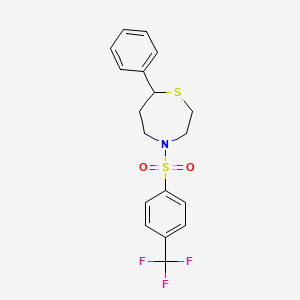 molecular formula C18H18F3NO2S2 B2896647 7-Phenyl-4-((4-(trifluoromethyl)phenyl)sulfonyl)-1,4-thiazepane CAS No. 1797876-90-4