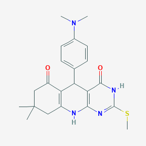 molecular formula C22H26N4O2S B2896665 5-(4-(dimethylamino)phenyl)-8,8-dimethyl-2-(methylthio)-7,8,9,10-tetrahydropyrimido[4,5-b]quinoline-4,6(3H,5H)-dione CAS No. 537044-17-0