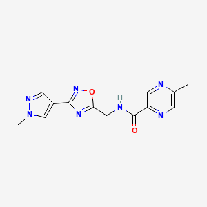 molecular formula C13H13N7O2 B2896740 5-methyl-N-((3-(1-methyl-1H-pyrazol-4-yl)-1,2,4-oxadiazol-5-yl)methyl)pyrazine-2-carboxamide CAS No. 2034533-95-2