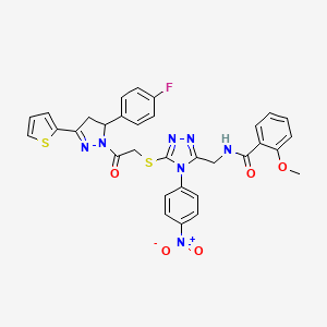 molecular formula C32H26FN7O5S2 B2896790 N-((5-((2-(5-(4-fluorophenyl)-3-(thiophen-2-yl)-4,5-dihydro-1H-pyrazol-1-yl)-2-oxoethyl)thio)-4-(4-nitrophenyl)-4H-1,2,4-triazol-3-yl)methyl)-2-methoxybenzamide CAS No. 393583-26-1