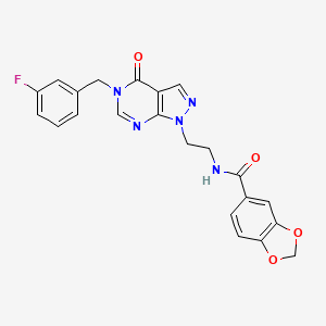 molecular formula C22H18FN5O4 B2896854 N-(2-(5-(3-氟苄基)-4-氧代-4,5-二氢-1H-吡唑并[3,4-d]嘧啶-1-基)乙基)苯并[d][1,3]二氧杂环-5-甲酰胺 CAS No. 922044-58-4