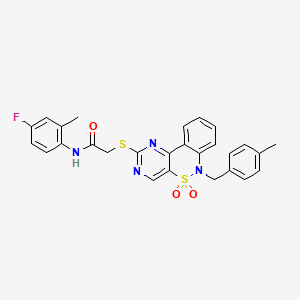 molecular formula C27H23FN4O3S2 B2896863 N-(4-fluoro-2-methylphenyl)-2-((6-(4-methylbenzyl)-5,5-dioxido-6H-benzo[c]pyrimido[4,5-e][1,2]thiazin-2-yl)thio)acetamide CAS No. 1115408-64-4