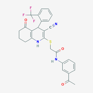 molecular formula C27H22F3N3O3S B2897013 N-(3-乙酰基苯基)-2-({3-氰基-5-氧代-4-[2-(三氟甲基)苯基]-1,4,5,6,7,8-六氢喹啉-2-基}硫代)乙酰胺 CAS No. 370844-80-7