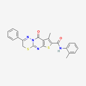 molecular formula C23H18N4O2S2 B2897068 8-methyl-9-oxo-2-phenyl-N-(o-tolyl)-3,9-dihydrothieno[2',3':4,5]pyrimido[2,1-b][1,3,4]thiadiazine-7-carboxamide CAS No. 866867-44-9