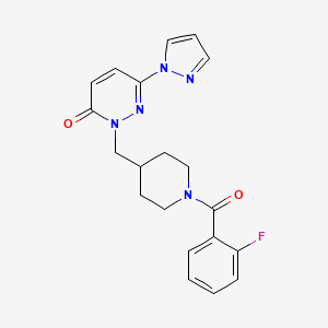 molecular formula C20H20FN5O2 B2897082 2-[[1-(2-Fluorobenzoyl)piperidin-4-yl]methyl]-6-pyrazol-1-ylpyridazin-3-one CAS No. 2379948-16-8