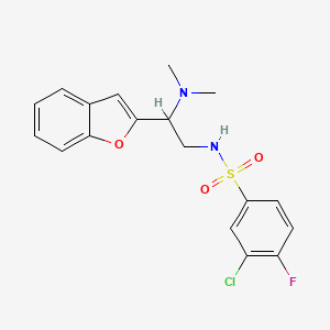 molecular formula C18H18ClFN2O3S B2897085 N-(2-(benzofuran-2-yl)-2-(dimethylamino)ethyl)-3-chloro-4-fluorobenzenesulfonamide CAS No. 2034301-73-8