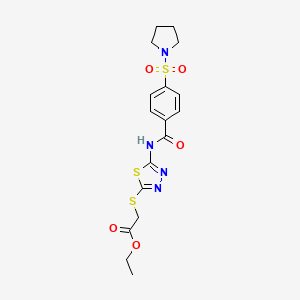 molecular formula C17H20N4O5S3 B2897100 Ethyl 2-((5-(4-(pyrrolidin-1-ylsulfonyl)benzamido)-1,3,4-thiadiazol-2-yl)thio)acetate CAS No. 392318-72-8