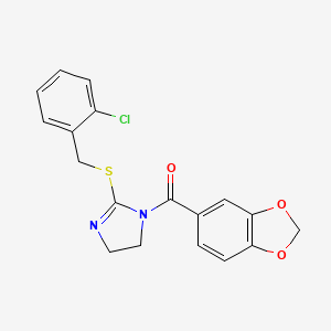 molecular formula C18H15ClN2O3S B2897206 benzo[d][1,3]dioxol-5-yl(2-((2-chlorobenzyl)thio)-4,5-dihydro-1H-imidazol-1-yl)methanone CAS No. 851803-97-9