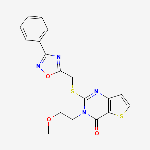 molecular formula C18H16N4O3S2 B2897207 3-(2-甲氧基乙基)-2-(((3-苯基-1,2,4-恶二唑-5-基)甲基)硫代)噻吩并[3,2-d]嘧啶-4(3H)-酮 CAS No. 1223899-96-4