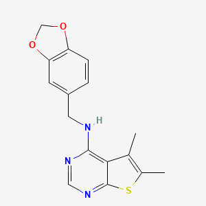 molecular formula C16H15N3O2S B2897249 N-(1,3-苯并二氧杂环-5-基甲基)-5,6-二甲基噻吩并[2,3-d]嘧啶-4-胺 CAS No. 379256-74-3