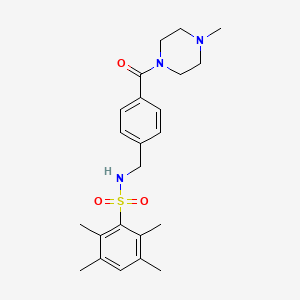 molecular formula C23H31N3O3S B2897342 2,3,5,6-tetramethyl-N-[[4-(4-methylpiperazine-1-carbonyl)phenyl]methyl]benzenesulfonamide CAS No. 690245-88-6