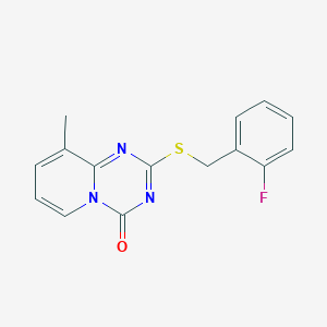 molecular formula C15H12FN3OS B2897392 2-[(2-Fluorophenyl)methylsulfanyl]-9-methylpyrido[1,2-a][1,3,5]triazin-4-one CAS No. 896345-00-9