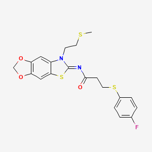 (Z)-3-((4-fluorophenyl)thio)-N-(7-(2-(methylthio)ethyl)-[1,3]dioxolo[4',5':4,5]benzo[1,2-d]thiazol-6(7H)-ylidene)propanamide