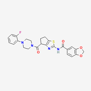 molecular formula C25H23FN4O4S B2897462 N-(4-(4-(2-fluorophenyl)piperazine-1-carbonyl)-5,6-dihydro-4H-cyclopenta[d]thiazol-2-yl)benzo[d][1,3]dioxole-5-carboxamide CAS No. 955628-73-6