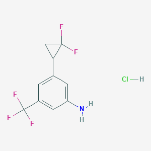 molecular formula C10H9ClF5N B2897515 3-(2,2-二氟环丙基)-5-(三氟甲基)苯胺；盐酸盐 CAS No. 2378503-07-0